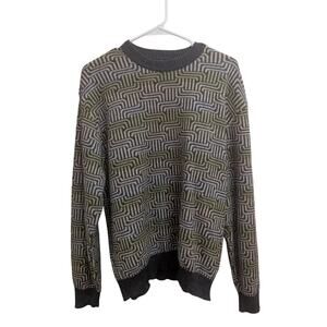 Graphic print Baby Alpaca crew neck sweater in grey,  green & tan by Inca Inc.XL